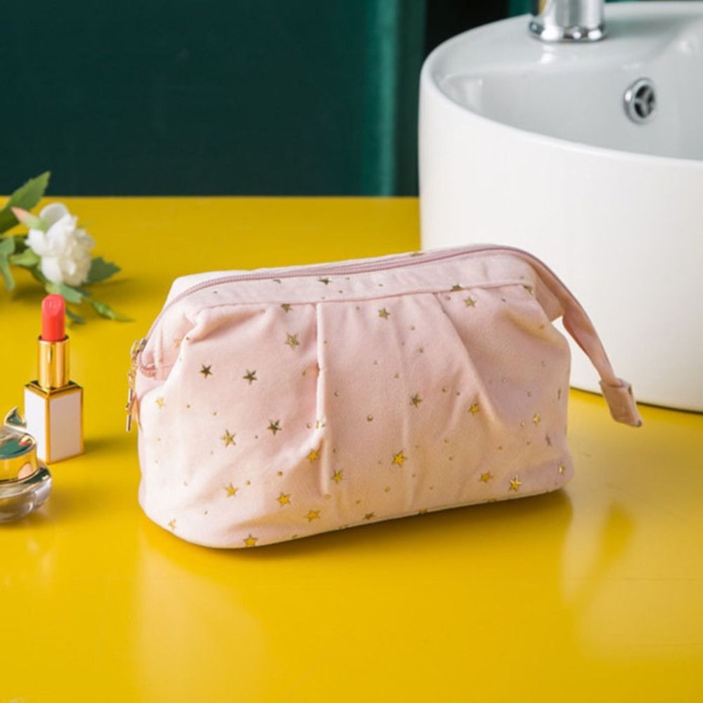 SOLARLINX Shell Shape Makeup Case,ซิปล้างกระเป๋ากํามะหยี่กระเป๋าเครื่องสําอาง,เกาหลีIns Bronzing Starsขนาดใหญ่ความจุกระเป๋าถือกระเป๋าเดินทางล้างหน้า - รูปที่ 3