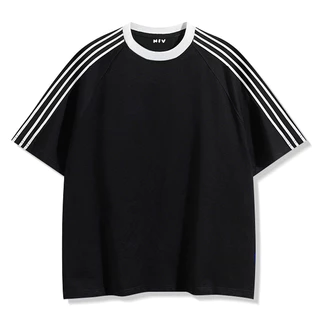 [จัดส่งตลอด 24 ชั่วโมง] NFV เสื้อยืด oversize✨สีดำคอขาว แขนสั้น แถบขาวข้างแขน ผ้าฝ้าย ใส่สบาย YG0