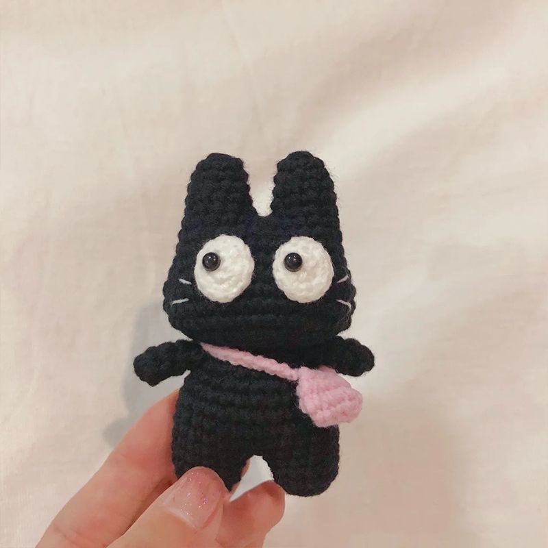 Handmade Crochet Knitted Black diy Cute Bag Hanging Cat Head Beginner Kit Yarn Pendant for Relaxatio