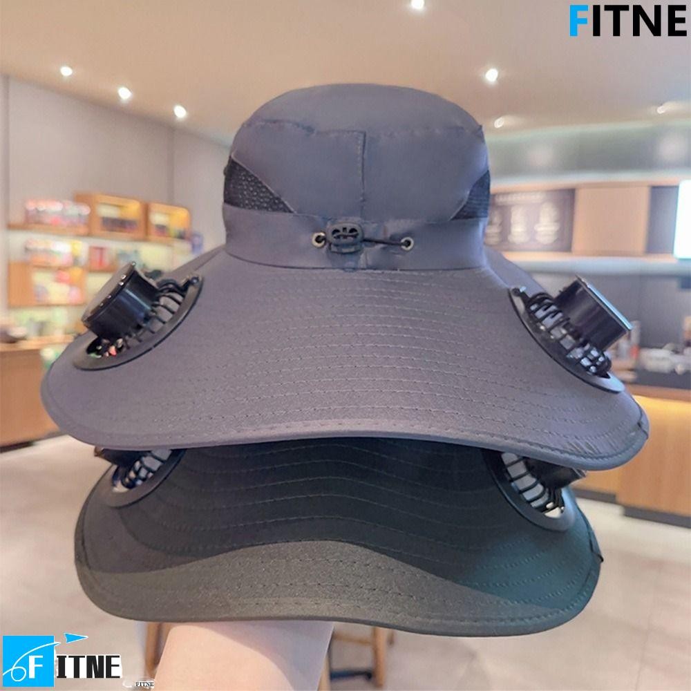 FITNE หมวกพัดลมพลังงานแสงอาทิตย์ หมวกกันแดดปีกกว้าง พัดลมคู่แบบถอดได้ สวมใส่สบายระบายอากาศได้ 3 ความเร็ว ป้องกันรังสียูวี หมวกตกปลาชายหาด