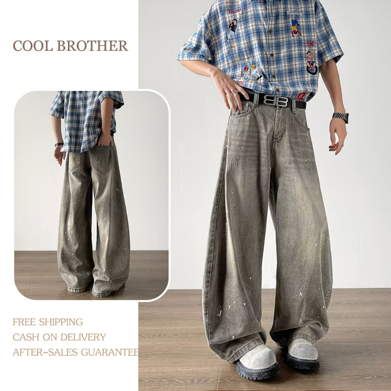 [COOL BROTHER]กางเกงยีนส์ย้อนยุคสีเทา สไตล์อเมริกัน ทรงแฟ้ม สบายๆ ผ้านุ่ม สวยเก๋ ขายาวทรงหลวมๆ ขากว้าง สำหรับผู้ชายและผู้หญิง