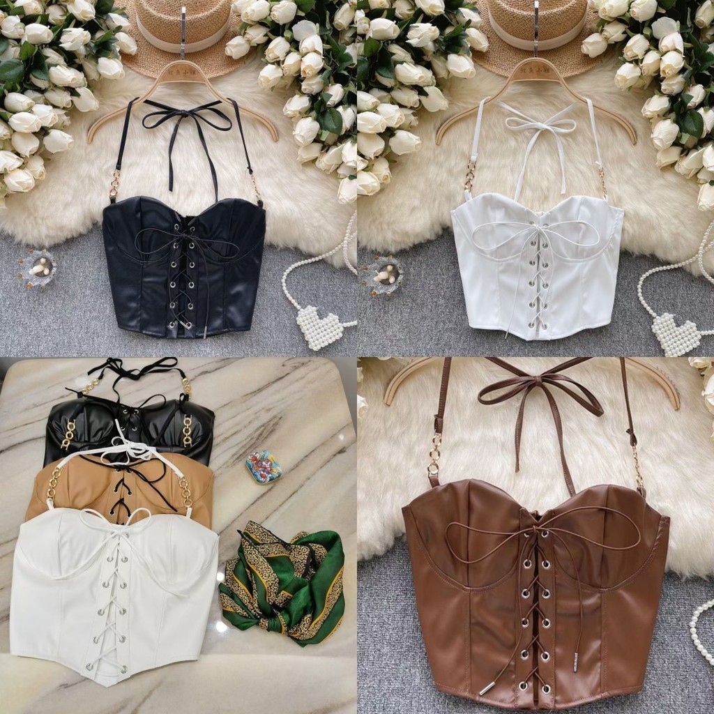 เซ็กซี่ เข้ารูป ผ้าใส่สบาย เสื้อคล้องคอ หลังสม็อคน่ารัก ผ้าหนัง มีฟองน้ำ สีพื้นเท่มาก 