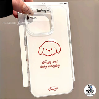 เคสมือถือ For iPhone 11 15 16 14 13 12 Pro Max X XS XR 13 Pro 16 Plus Case ลูกสุนัขมีความสุขน่ารัก ครีม IMD แบบนิ่ม เคส