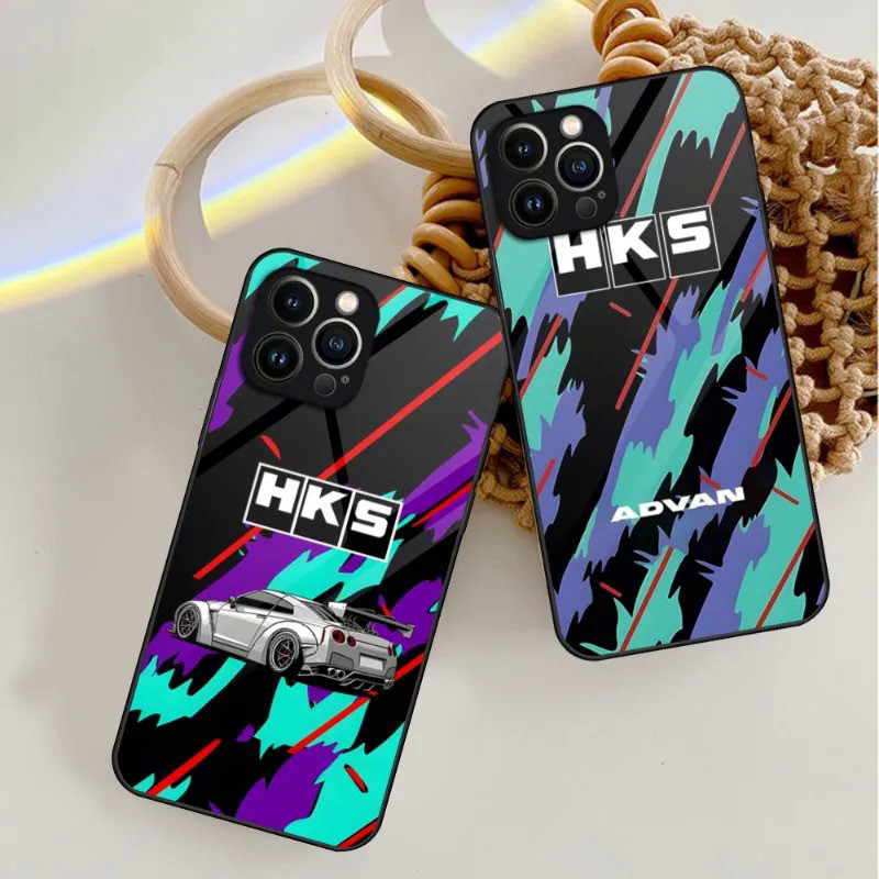 กีฬารถ HKS JDM เคสโทรศัพท์กระจกนิรภัยสําหรับ IPhone 13 14 12 11 Pro XS Max Plus Mini X XR 8 7 6s SE2020 ฝาครอบ