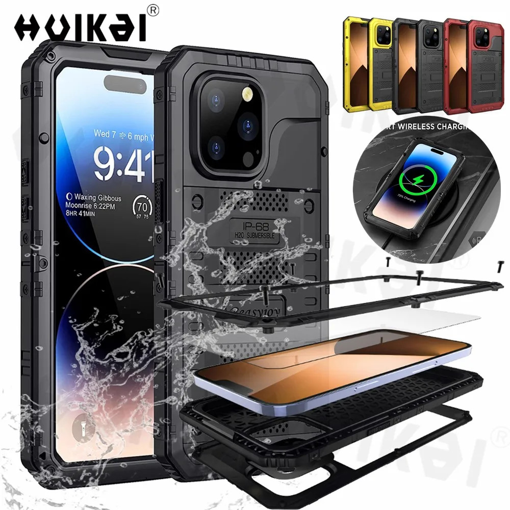 โลหะกันน้ําสําหรับ iPhone 17 16 15 Pro Max 14 Pro 13 Pro Max 12 11 Heavy Duty Kickstand IP68 กันกระแทกป้องกันหน้าจอครอบคลุม