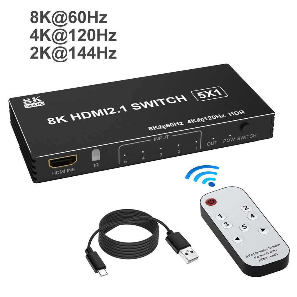 Hdmi 2.1 สวิทช์ 5x1 8K HDMI สวิทช์ 5 ใน 1 ออก 8K 60Hz 4K 120Hz 2K 144Hz HDCP 2.3 HDR10 5 พอร์ต HDMI 