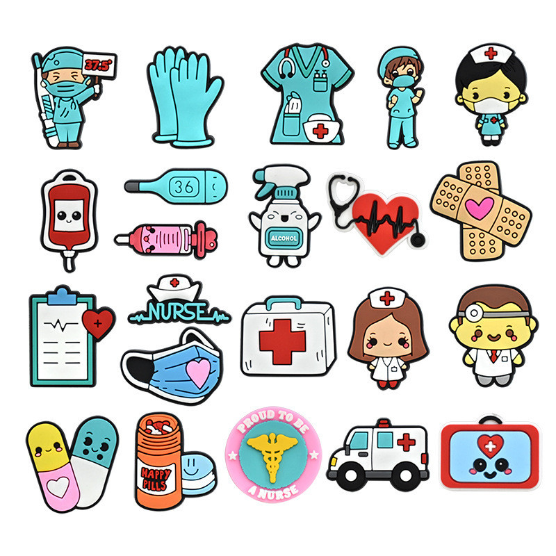 การ์ตูนรถพยาบาลทางการแพทย์ Jibbitz พยาบาล Jibitz สําหรับ Croc Syringe กล่องยา Crocs Pin เครื่องวัดอุณหภูมิรองเท้า Charm สําหรับผู้หญิงอุปกรณ์เสริมตกแต่ง