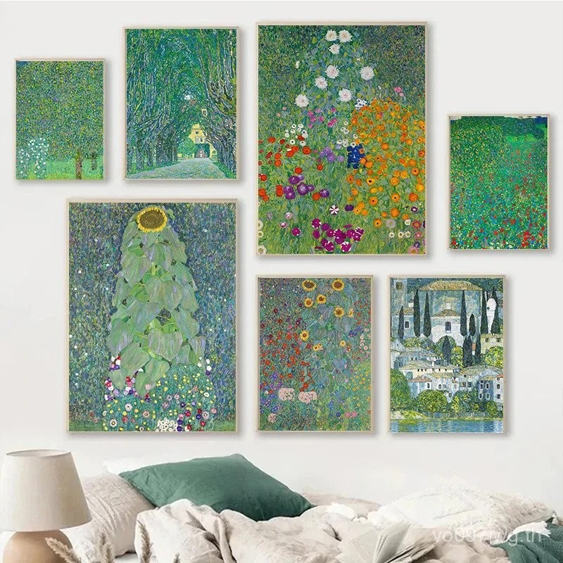Gustav Klimt ดอกไม้สวนดอกทานตะวันโบสถ์ผ้าใบภาพวาดสีน้ํามันบทคัดย่อพืชดอกไม้ Wall Art โปสเตอร์ Nordic ตกแต่งบ้านภาพจิตรกรรมฝาผนัง QP1T