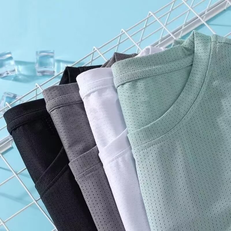 [8 สี] M-5XL ผ้าไหมน้ําแข็งผู้ชาย แห้งเร็ว สีทึบการฝึกอบรม/กีฬาหลวมตาข่ายเสื้อยืดฤดูร้อนเย็นแขนสั้นลําลอง