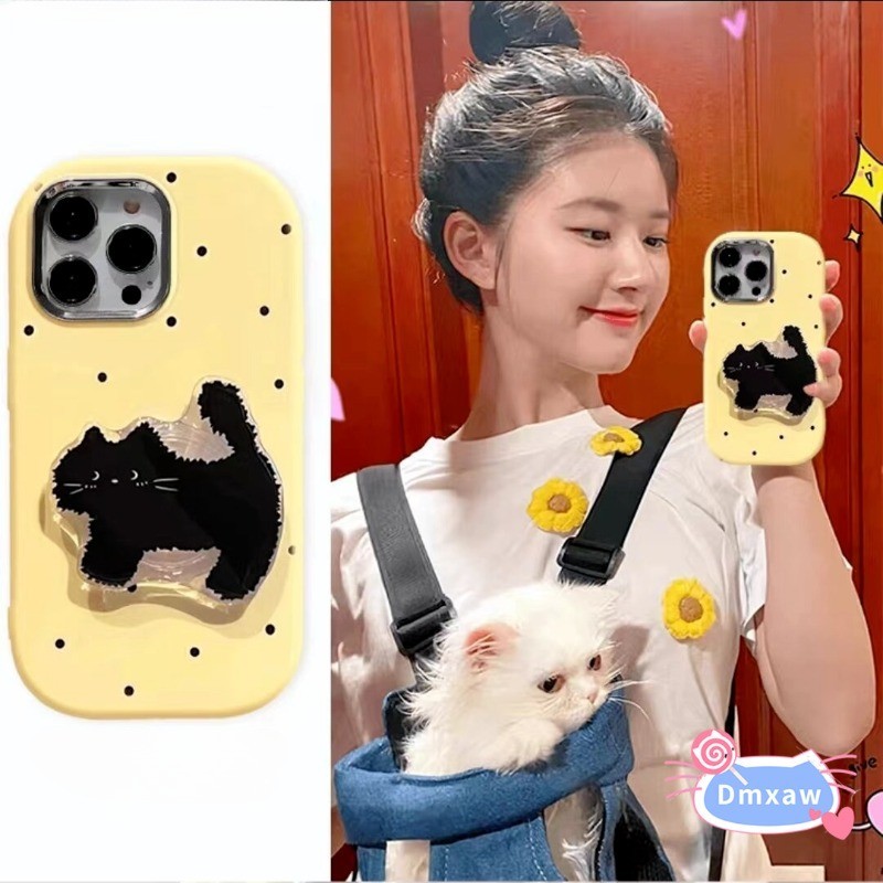 Ins สไตล์ Polka Dot เคสโทรศัพท์สําหรับ OPPO Reno 12 Pro 11F 11 10 8Z 7Z 8 7 Lite 9 7 8 7 SE 6 5k 5 4 Pro 4 SE A1 A98 F23 R17 ปลอกกลัวแมวดํา Holder Stand Cat Soft Cover