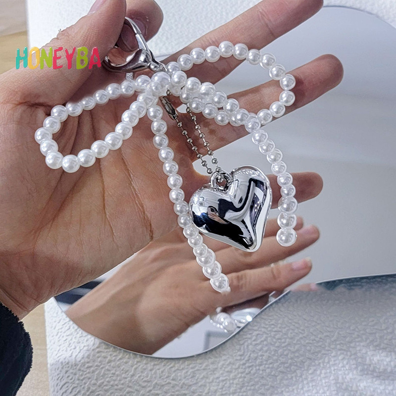 <Honeyba> เกาหลีหวาน Pearl Bow พวงกุญแจจี้หัวใจพวงกุญแจ Y2K ความงามผู้ถือกุญแจสําหรับสาวกระเป๋าจี้อุปกรณ์เสริม Nice