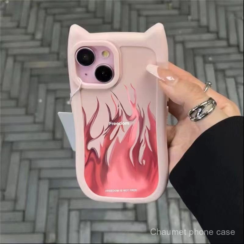 หูแมวสามมิติสีฟ้าสีแดงเปลวไฟเข้ากันได้กับ iphone13เคสมือถือ14เคสนิ่ม15ใส13pro กันกระแทก11เคสนิ่ม12PR