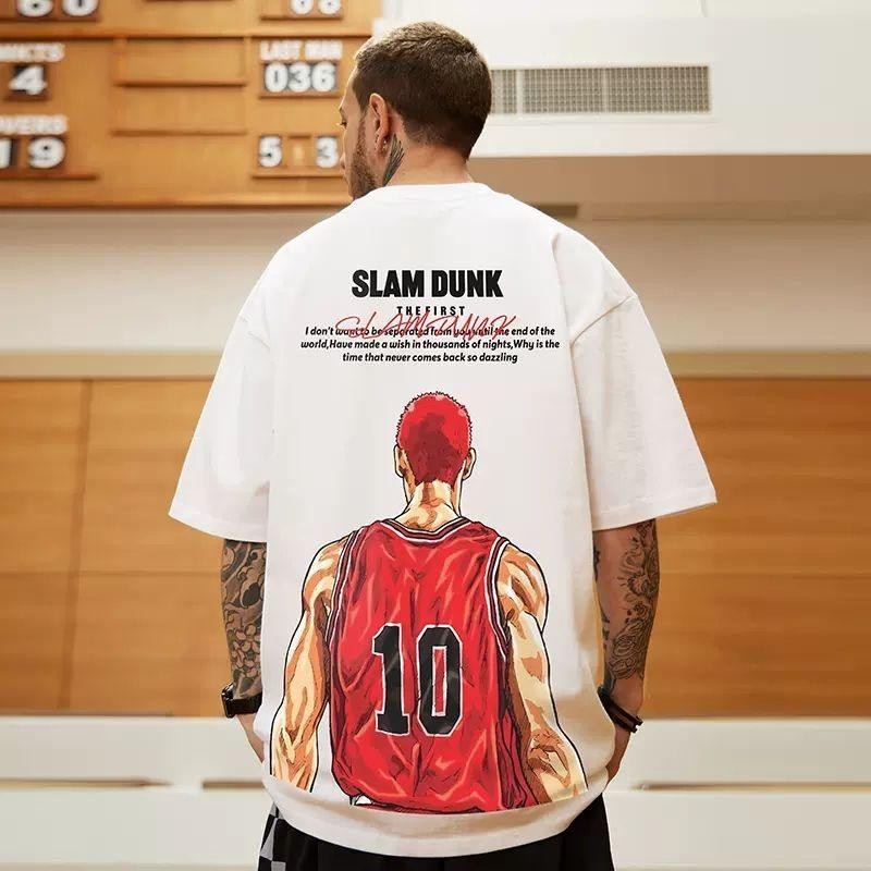 YT เสื้อยืดโอเวอร์ไซส์ใหม่ ทรงหลวมพอดีตัว สวมใส่สบาย เสื้อคอกลม ฝ้าย ลายสแลมดังก์ เทรนด์แฟชั่น S-4XL