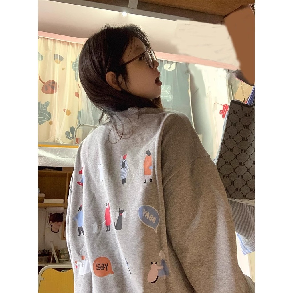 ใหม่เกาหลีผู้หญิงฤดูใบไม้ร่วง การแก้ไข การ์ตูนพิมพ์รอบคอเสื้อแขนยาว 240725