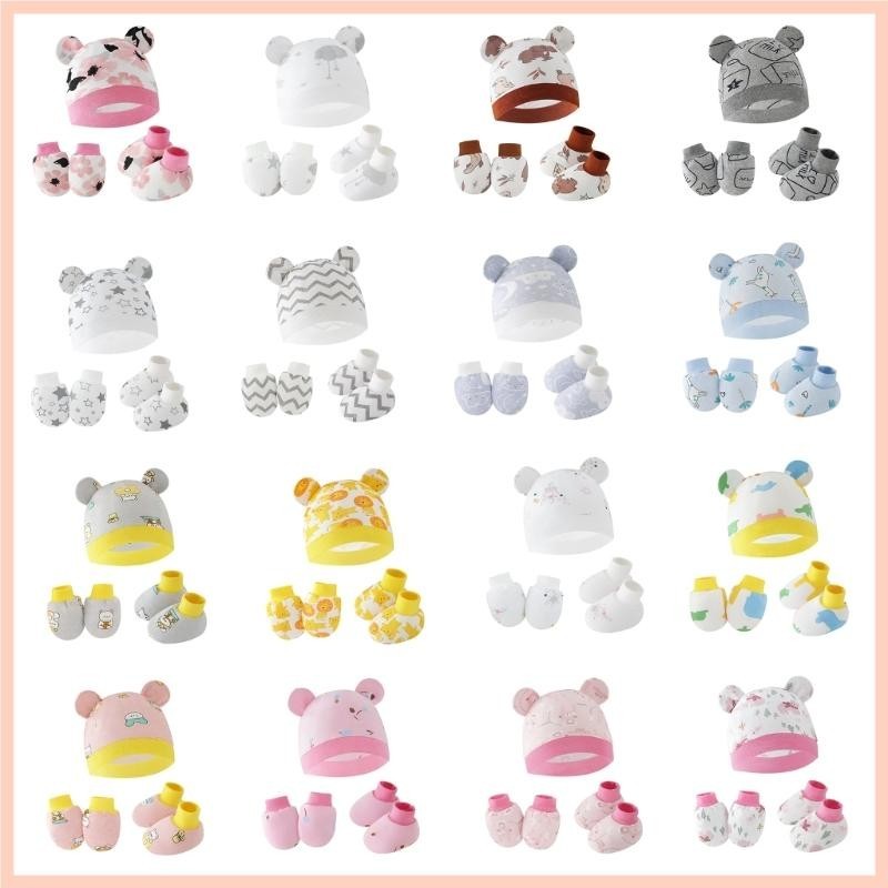 Cc หมวกเด็ก + ถุงมือ Headwear + ฝาครอบเท้าผ้าฝ้ายทารกแรกเกิด Nightcap Unisex ชายหญิงชุดการ์ตูนพิมพ์ทารกอุปกรณ์เสริม