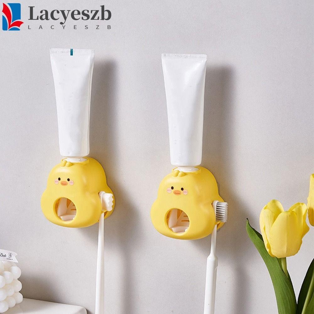 Lacyeszb เครื่องจ่ายยาสีฟันเป็ดสีเหลือง, เครื่องบีบยาสีฟันลายการ์ตูนพลาสติก, น่ารักไม่มีการเจาะที่ใส่แปรงสีฟันติดผนังสําหรับห้องน้ํา