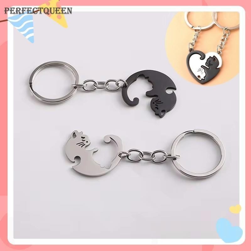 สินค้าขนาดเล็ก พวงกุญแจสแตนเลสแบบพกพารูปหัวใจ Splicing Cat Yin และ Yang Cat จี้สร้อยคอพวงกุญแจเครื่องประดับ