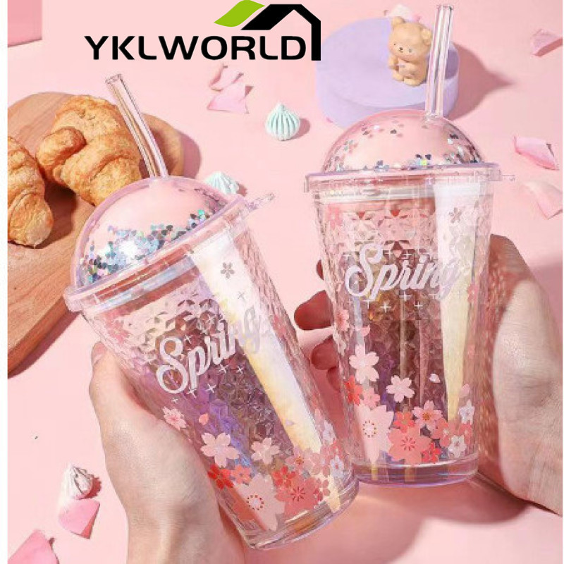 YKLWORLD แก้วน้ำหลอดเด้ง แก้วเก็บความเย็น แก้วน้ำสีพาสเทล พร้อมหลอด ขนาด 450 ml.