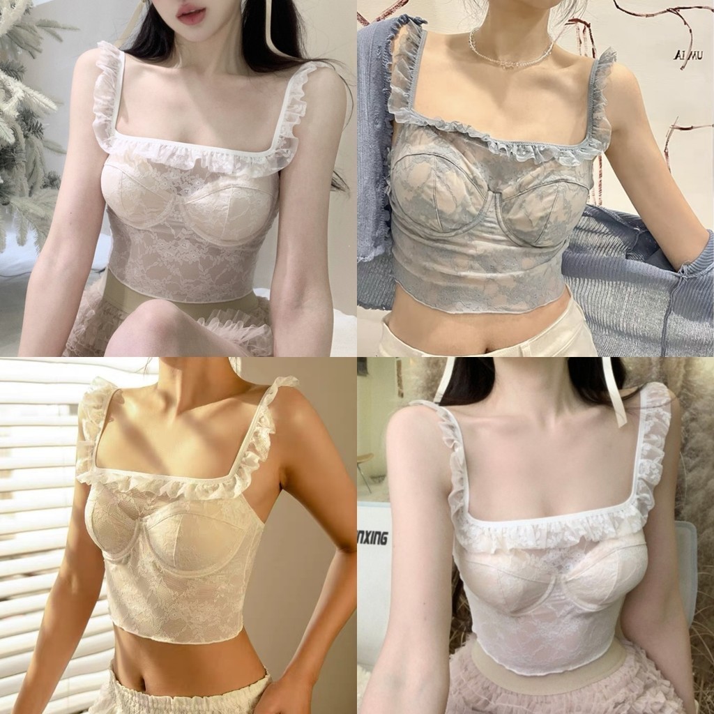 Evelyn ​เสื้อกล้ามลูกไม้ มีฟองน้ำในตัว สุดเซ็กซี่ น่ารักสไตล์เกาหลี สีพื้น รอบระบาย แขนกุด เสื้อครอป ใส่สบาย#FY6003-J