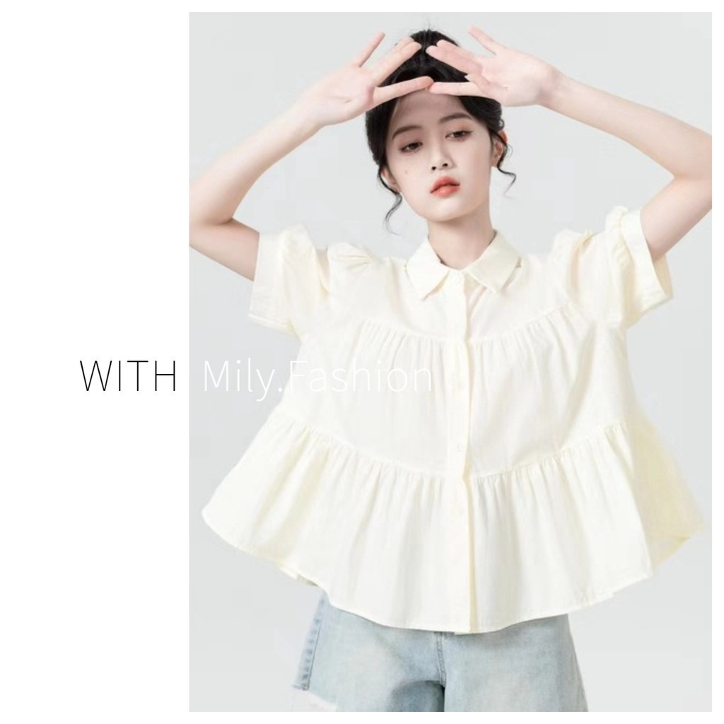 Milyfashion เสื้อเชิ้ตแขนสั้น คอปก ทรงหลวม เข้ารูป เข้ากับทุกการแต่งกาย สีชมพู แฟชั่นฤดูร้อน สไตล์เกาหลี สําหรับผู้หญิง