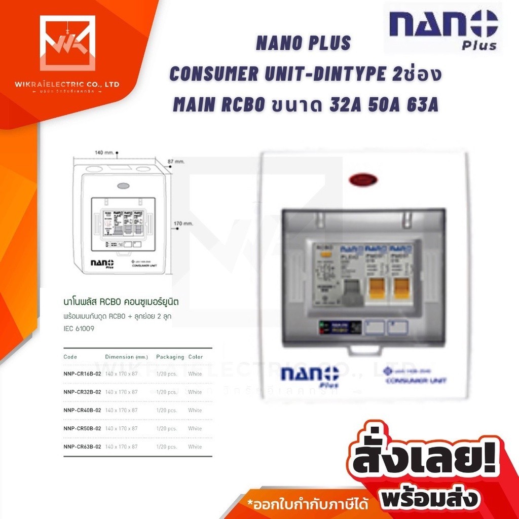 กันไฟเกิน ตู้คอนซูเมอร์ CONSUMER UNIT NANO PLUS 2 ช่อง ขนาด 32A 50A และ 63A เมนเบรคเกอร์กันดูด RCBO 