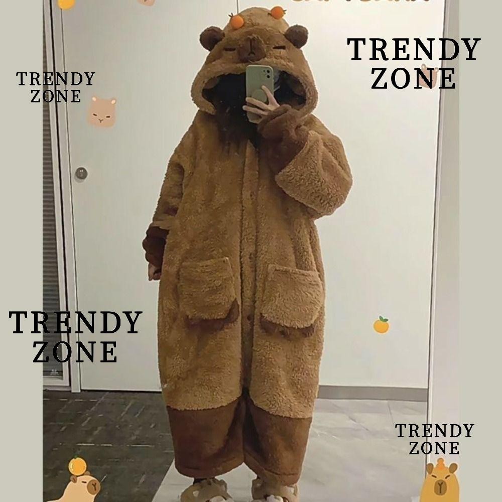 Trendyzone Nightgown, Capibara Coral Fleece ชุดนอน+กางเกง, หน้าหนาวน่ารักพร้อมคลิปสีส้มชุดนอนอุ่น