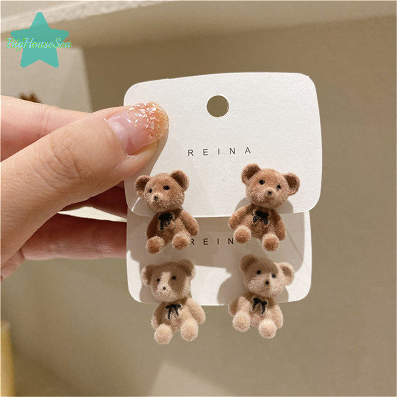 [BigHouseSea] น่ารัก Flocking ตุ๊กตาหมีตุ๊กตาสตั๊ดต่างหูสัตว์สาวเครื่องประดับใหม่