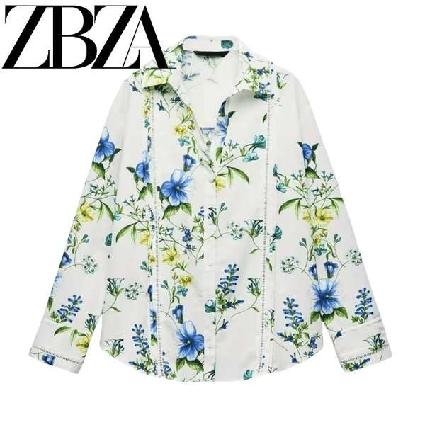 zara เสื้อเชิ้ต เสื้อ zara ZARA ฤดูร้อนใหม่ผู้หญิงคอม้วนแขนยาวหลวมด้านบนแนวตั้งลูกไม้ Ruffle Flower 