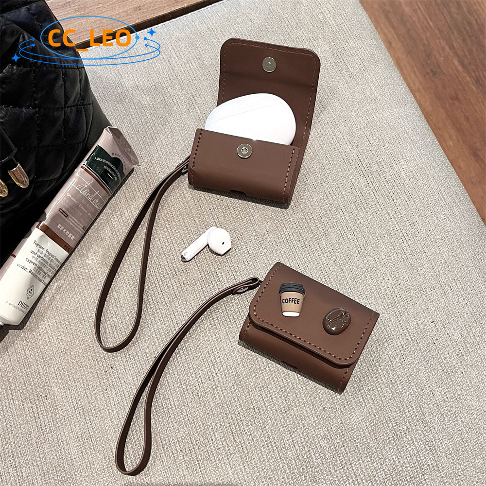 For Realme Buds Air5 Case Realme Buds Air5 Pro Leather Soft Case Protective Cover Cute Coffee Cartoon Bear Lanyard Realme Buds Air6 / Air6 Pro Shockproof Shell Case