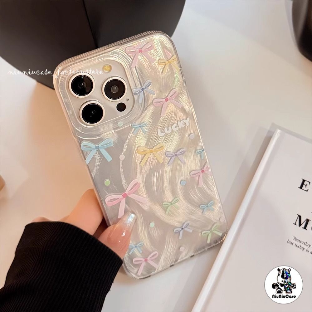 เคสไอโฟน11 13 เคส Feather Laser Bow Pattern Case For iPhone 11 12 13 14 15 Pro X XR XS MAX 7 8 Plus SE เคสโทรศัพท์