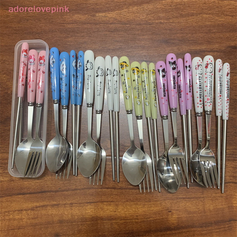 Adorelovepink น่ารัก Sanrio Kuromi ช้อนส้อม 3 ชิ้นชุด Hello Kitty My Melody สแตนเลสเด็กบนโต๊ะอาหารอุปกรณ์อุปกรณ์ครัว th