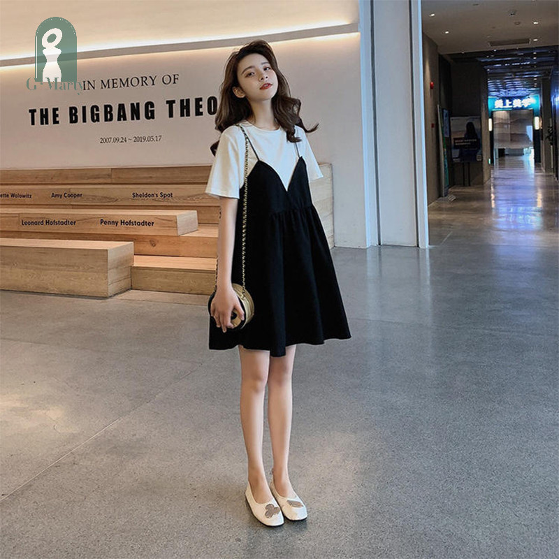 Gmarty ชุดคลุมท้องฤดูร้อนชุดยกทรงคนท้องการตั้งครรภ์สีทึบหลวม Over-the-knee A กระโปรงผู้หญิงเสื้อผ้าลําลอง KL