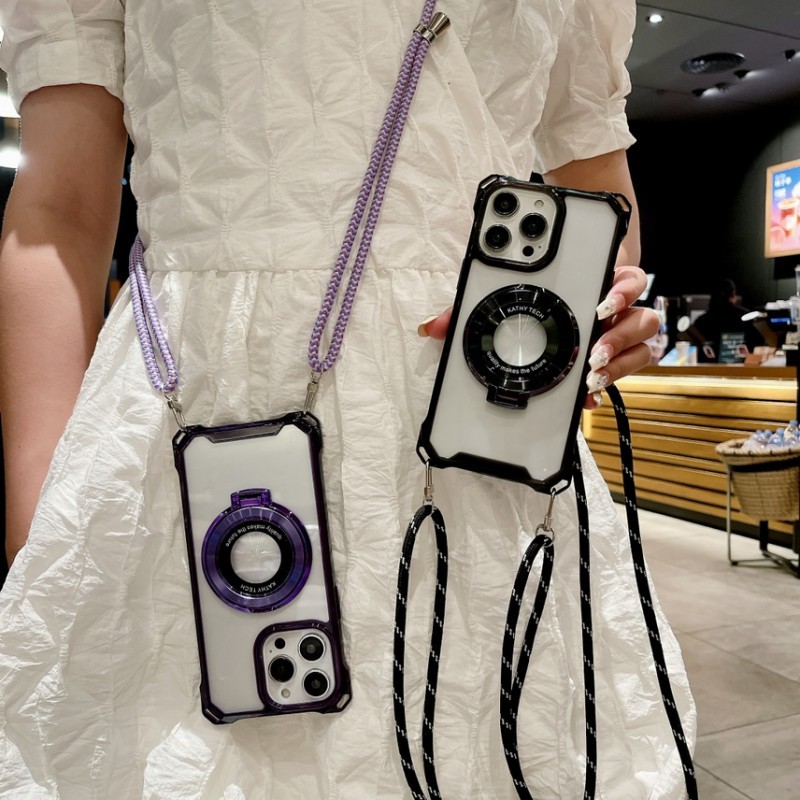 Iphone 15 14 Pro MAX Plus 13 12 Mini 11 Pro X XS MAX สี่มุมกรณีแม่เหล็ก Magsafe ขาตั้ง Crossbody Lanyard ฝาครอบ