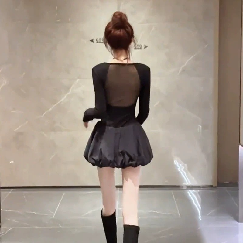 มินิเดรสทรงบอลลูนสีดำ กระโปรงพองสม็อคชาย หลังเป็นผ้าซีทรูเซ็กซี่ ชุดไปเที่ยวผับ ชุดปาร์ตี้สวยๆ #9171 - รูปที่ 6