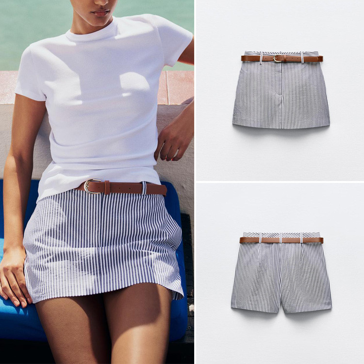 Zara 2024 ฤดูร้อนผลิตภัณฑ์ใหม่เสื้อผ้าผู้หญิงสาวร้อน Slimmer ดูการจับคู่เข็มขัด Casual ลายสั้น Culottes 1478223 104