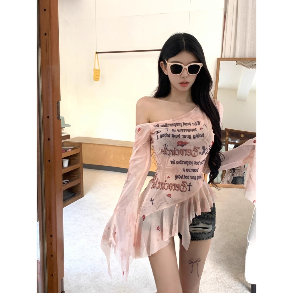 ย้อนยุคพิมพ์เอว cinched ไหล่แขนยาวตาข่ายเย็บปะติดปะต่อกันเผ็ดสาวแขนยาวเสื้อยืด