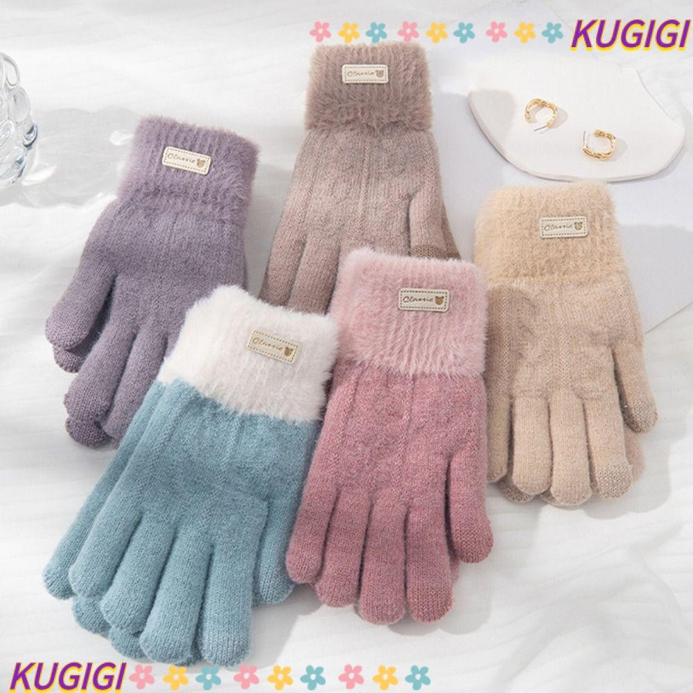 Kugigi ถุงมืออุ่น, ถุงมือถักกันลมหนา, แฟชั่นหน้าจอสัมผัสเย็นถุงมือสั้นฤดูใบไม้ร่วงฤดูหนาว