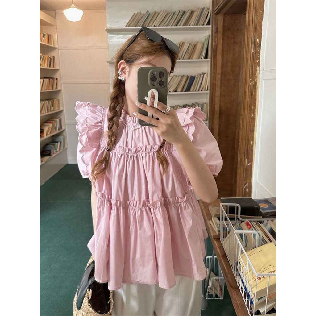 ฤดูร้อนคนตัวเล็กเชื้อราปักแขนสั้นอารมณ์ฝรั่งเศสด้านบนหลวมที่เรียบง่ายอเนกประสงค์ออกแบบซอกเฉพาะเสื้อผู้หญิงเสื้อผ้าผู้หญิง - รูปที่ 3