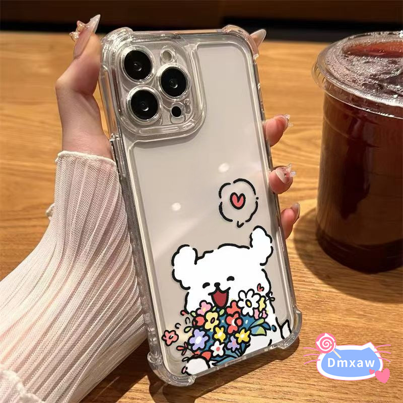 น่ารักลูกสุนัขถือดอกไม้เคสโทรศัพท์สําหรับoppo Reno 12 Pro 12F 11F 11 10 9 8 7 Pro Pro + 8T 4G 5G 7Z 8Z 8 7 Liteปลอกคู่สี่มุมAnti-fall Soft Cover