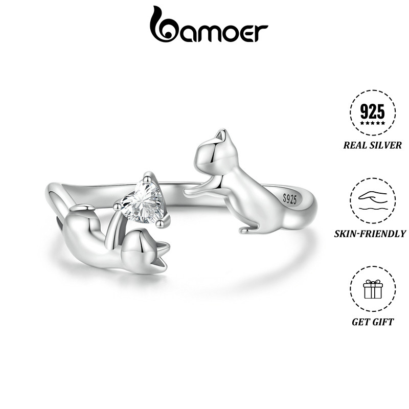 BAMOER บามอส จริง925แหวนแมวเงินที่มีเพทายหัวใจปรับขนาดเปิดแหวนสําหรับผู้หญิงและเด็กผู้หญิงแฟชั่นเครื่องประดับของขวัญ