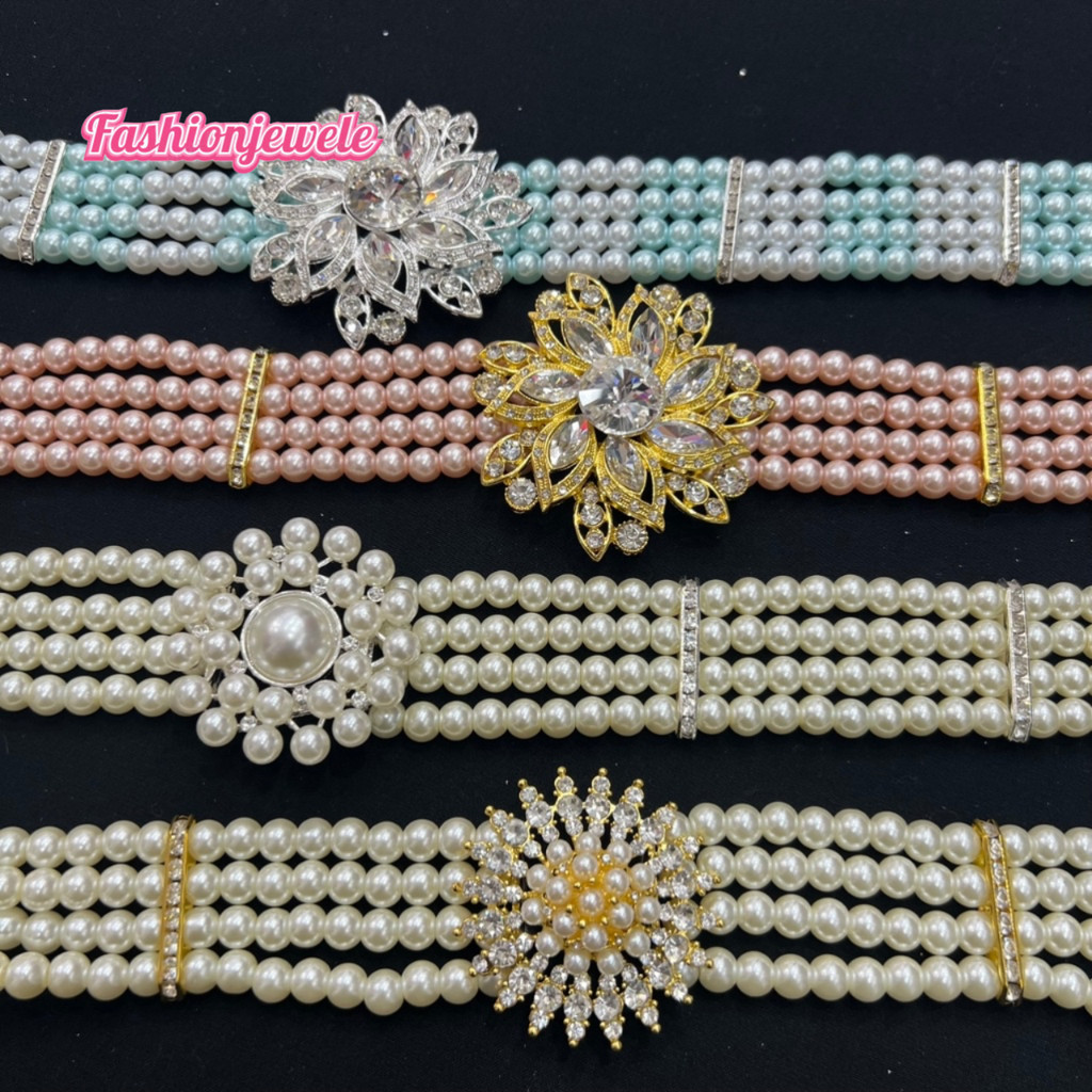 Fashion jewele แฟชั่นเข็มขัดไข่มุกเข็มขัดดอกไม้ทอโซ่มุกสีทอง ไม่ยืดหยุ่นปรับได้ความยาว 28 ~ 35 นิ้ว ชุดไทย