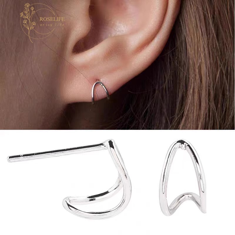 Roselife เงินเรขาคณิต Hollow Moon Arc Pierced ต่างหูสตั๊ดสําหรับผู้หญิงสาวแฟชั่น Pick ฟรีหูเครื่องประดับอุปกรณ์เสริม