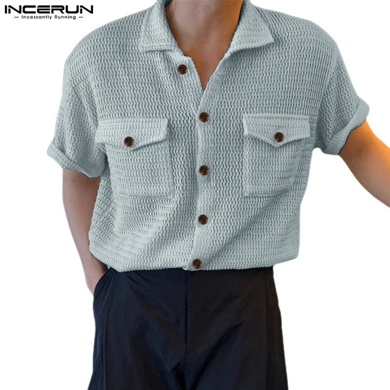 Incerun ผู้ชายเกาหลี Hollow กระเป๋าคู่แขนสั้นเสื้อสีทึบ