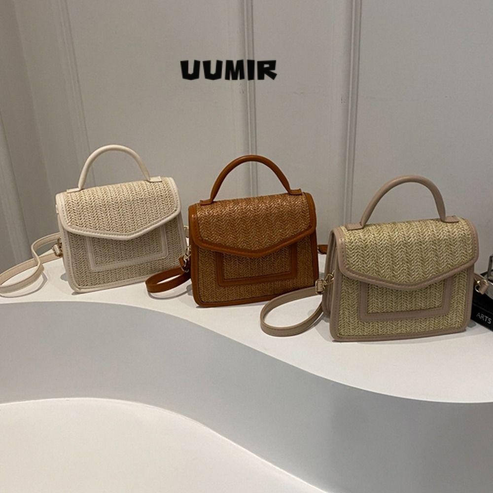 UUMIR กระเป๋าสะพาย,กระเป๋าฟางถักเปียแฮนด์เมดหวาย,แฟชั่นกระเป๋าถือทอความจุขนาดใหญ่สุภาพสตรี