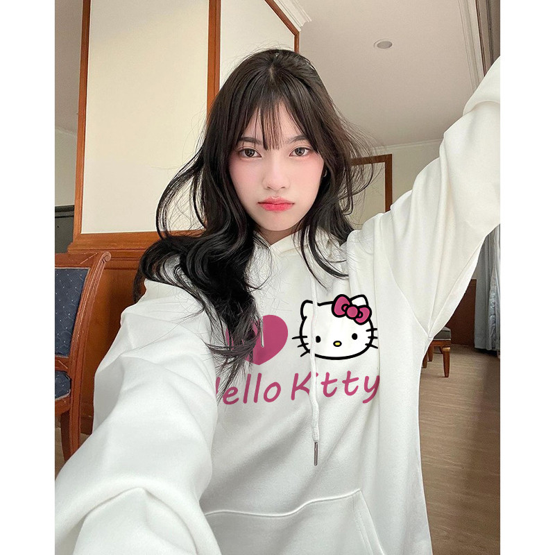 Nuziro Loose Fit Hoodie - การ์ตูนน่ารัก HelloKitty พิมพ์ เสื้อฮู้ดแขนยาว #B041