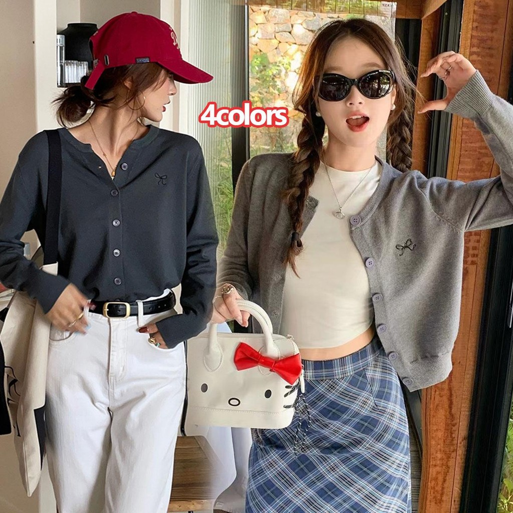 KOKO#เสื้อไหมพรมแขนยาวน่ารัก เสื้อคลุมครอป เย็บปักถักร้อยโบว์ผู้หญิง แฟชั่นสไตล์เกาหลี คอกลม#Z042