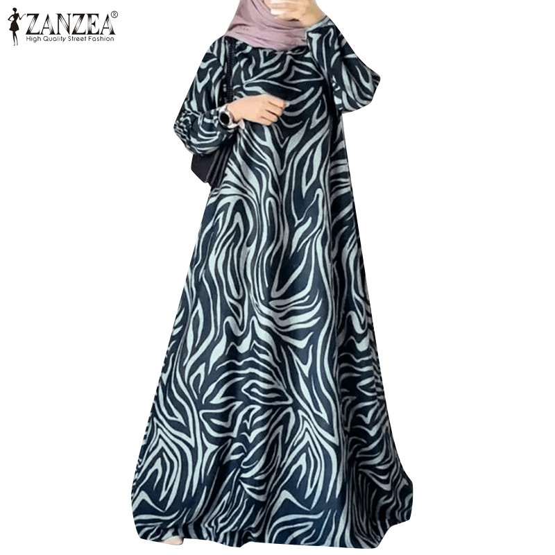 ZANZEA ใส่ ซานเซีย ผู้หญิงมุสลิมแฟชั่น โอ-คอออกแบบพิมพ์แขนยาวปุ่มข้อเท้าความยาวชุด