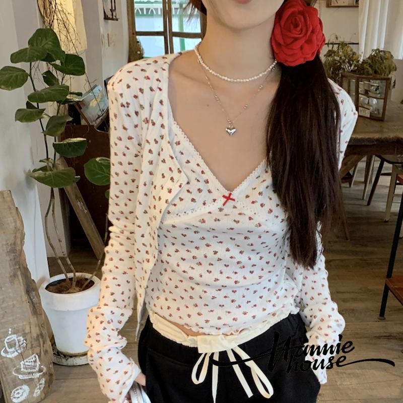 Hannie House- เสื้อสายเดี่ยวคอวีพิมพ์ลายดอกไม้สําหรับผู้หญิงและคาร์ดิแกนกระดุมแขนยาว