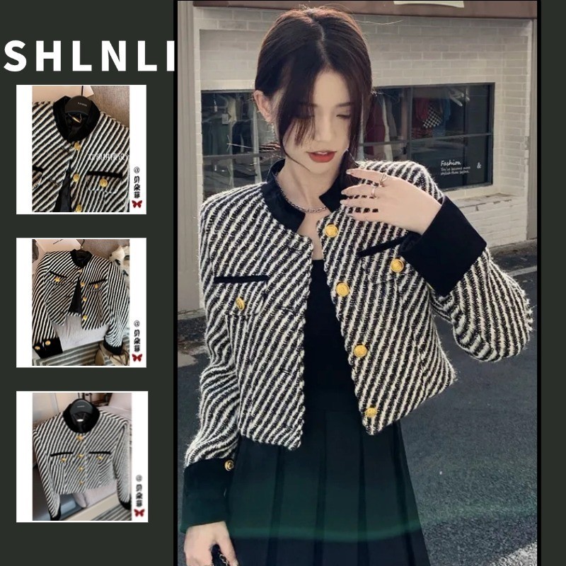 เสื้อแจ็คเก็ตคอกลมสั้นขนาดใหญ่ลายทางย้อนยุคฝรั่งเศสของผู้หญิงฤดูใบไม้ผลิฤดูใบไม้ร่วง