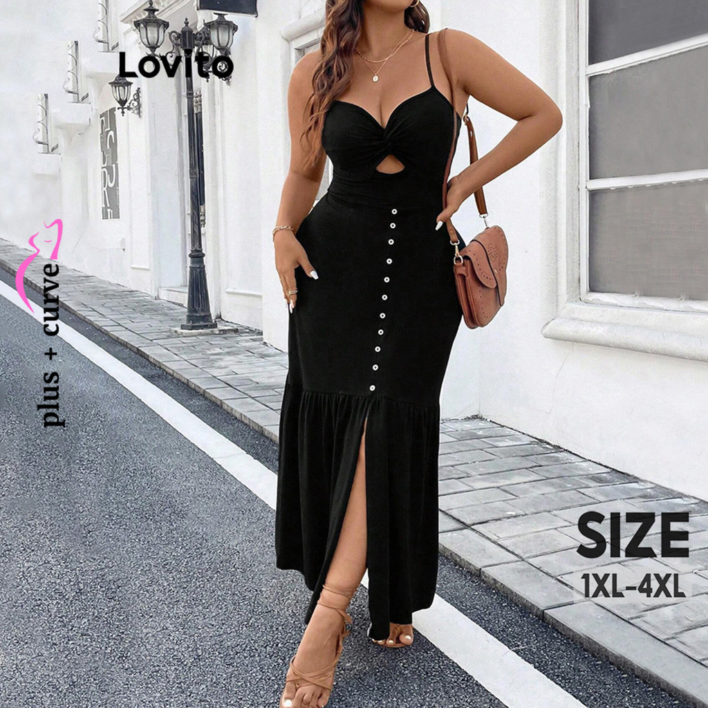 Lovito ชุดเดรสสาวอวบ มีกระดุม สีพื้น สไตล์หรูหรา LNL223